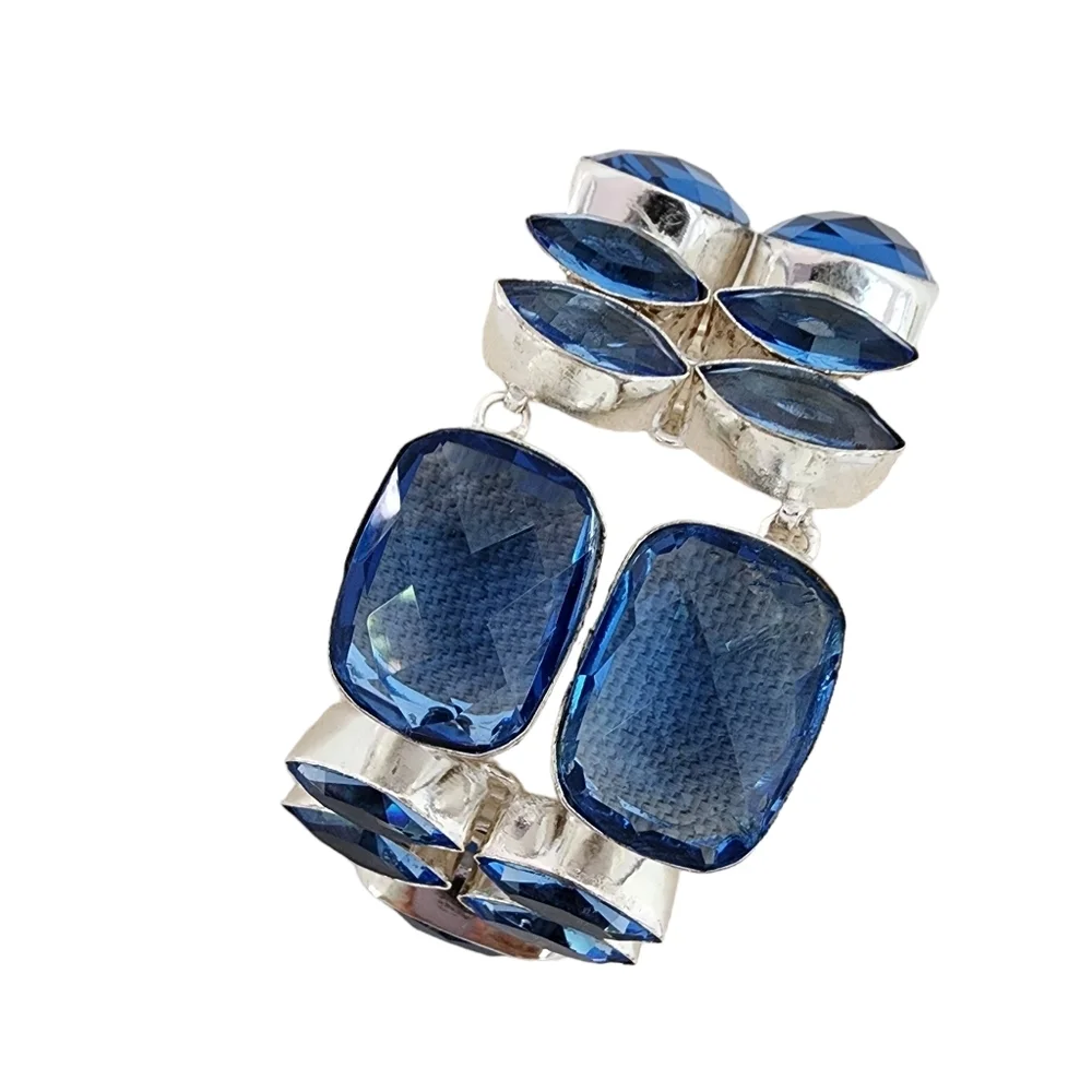 Silver gemstone bracelet - blue faceted glass stones statement bracelet Q11